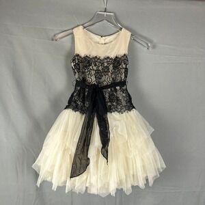 Chantilly Place Party Dress Girls 7 Beige Black Floral Lace Tie Front Ruffle Hem
